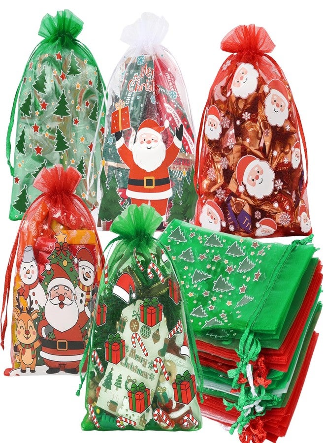 HRX Package 50pcs Organza Bags Xmas Pattern, 4x6 inch Small Christmas Gift Bags Mesh Candy Jewelry Pouches - Image 1